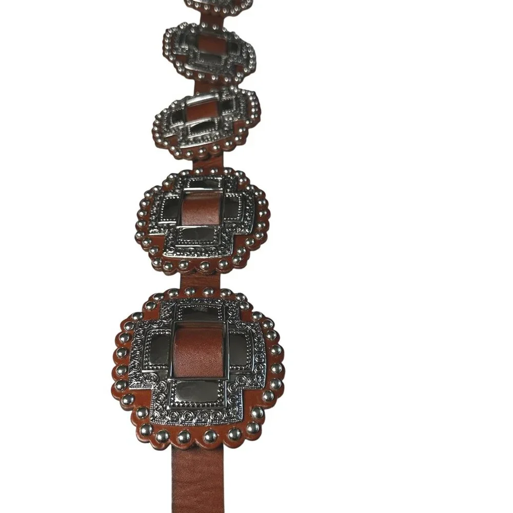 Vintage 80s Leather Concho Belt Brown Silver Hardware Heavy Western Large - Picture 2 of 10